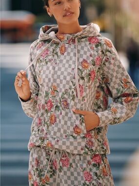 Anthropologie floral Checkered sweatshirt Hoodie - Grey Floral Print Women's Top